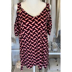 Michael Kors Women's Sz M Navy, Red, White Graphic Print Off Shoulder Top #0338